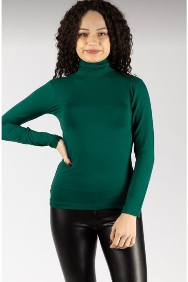 Women's Green Long Sleeve Turtleneck Lycra Bady
