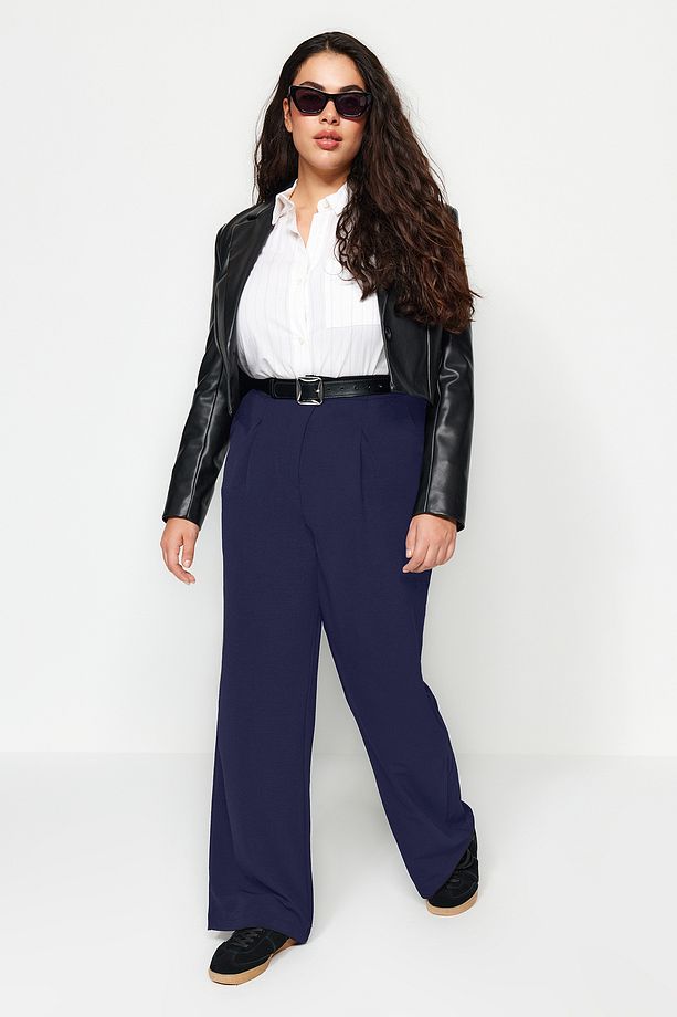 Lacivert Lastikli Yüksek Bel Pileli Wide Leg Dokuma Pantolon TBBSS22PL0448 - 7
