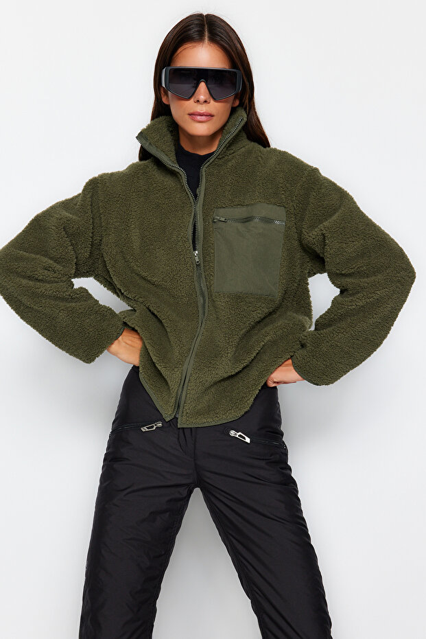 Winter Essentials Haki Kalın Polar Fermuarlı Dik Yaka Uzun Kol Cepli Örme Sweatshirt TWOAW24SW00071 - 5