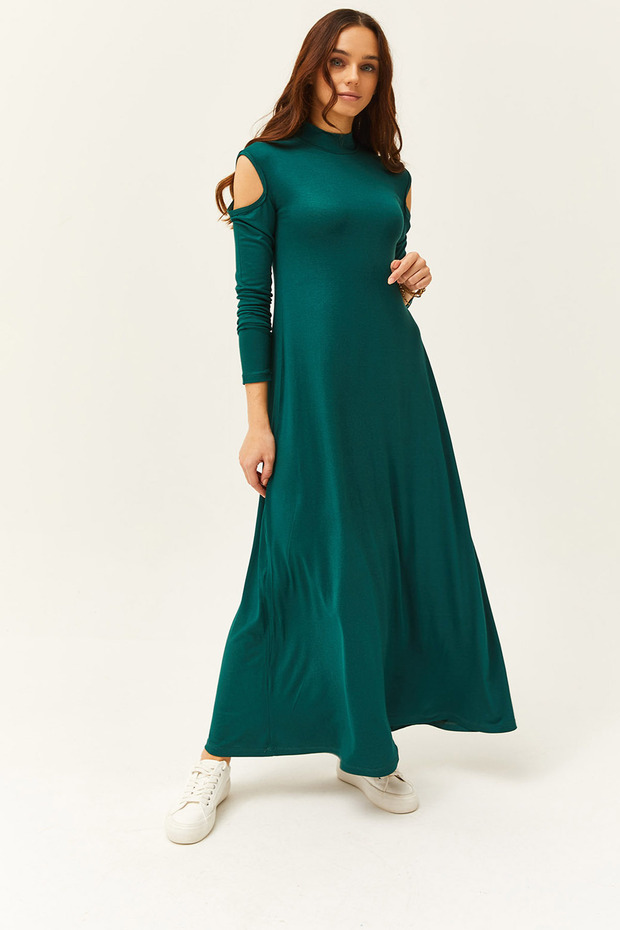Women's Emerald Green Off-The-Shoulder Lycra Maxi Flared Dress Elb- 19001990