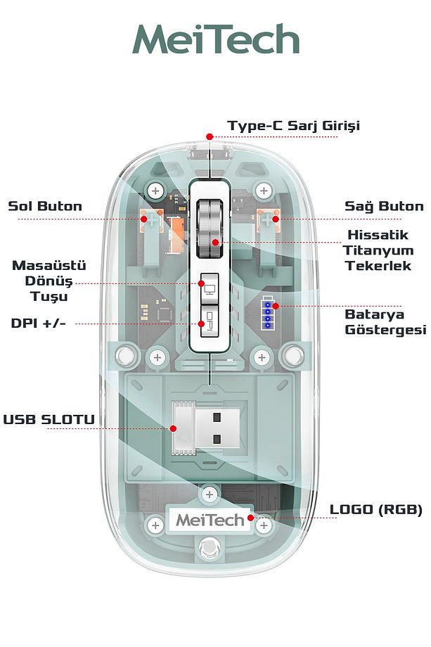 Sessiz Kablosuz Wireless Magic Mouse, Dpi 2400, Şarj Edilebilir, 2.4Ghz+BT 5.0, - 6