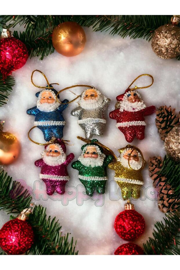 Happyland Yılbaşı Ağacı Süsü 6'lı Noel Baba Asma Süs Karışık Renk Simli Çam Ağacı Süsü