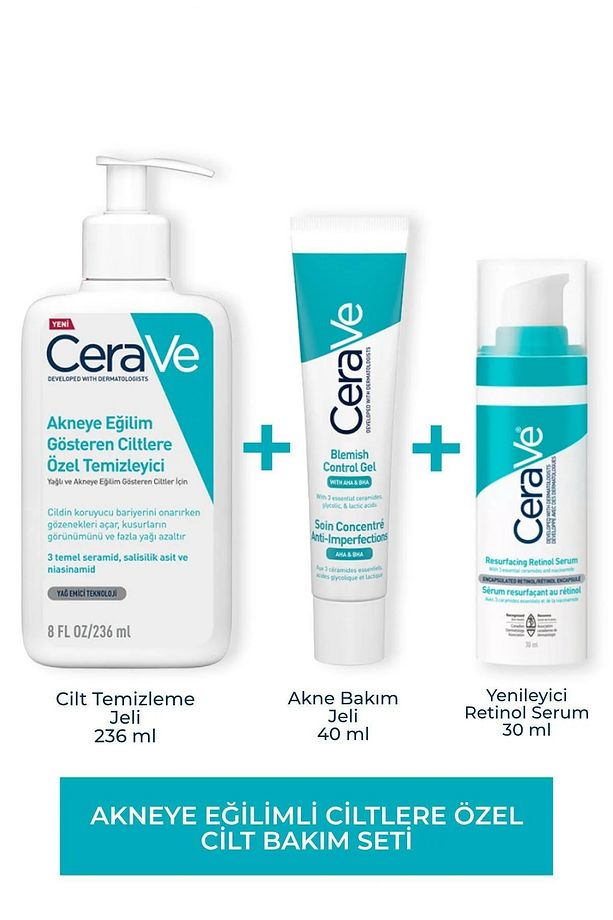 Akneli Ciltlere Özel I Yenileyici Serum 30 ml I Yüz Bakım Jeli 40 ml I Temizleyici Jel 236 ml - 1