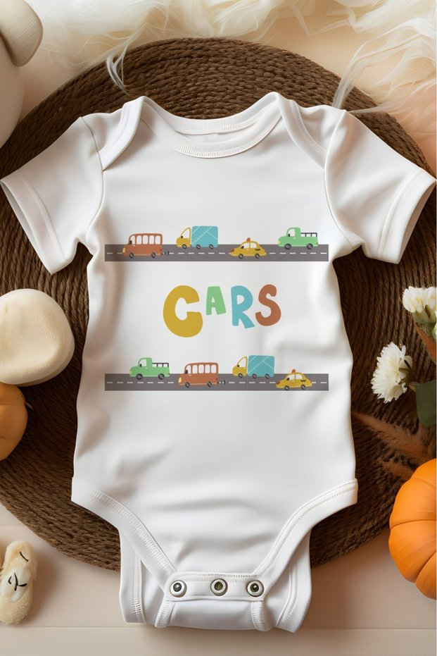 Organic 100% Cotton Carroby Cars Short Sleeve Baby Bodysuit (00041)