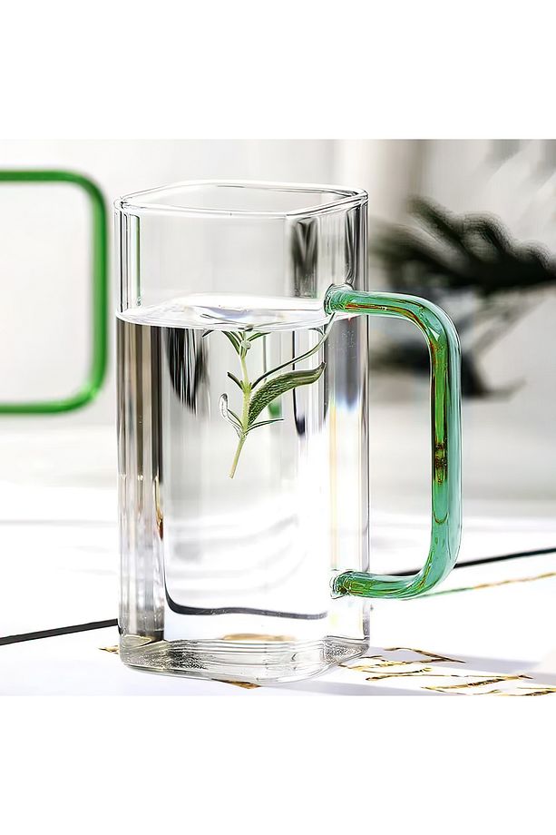 Kare Cam Yeşil Kulplu Latte, Meşrubat, Neskafe, Süt, Su Bardağı Uzun Termisil Bardak Seti 2'li 380ml - 4