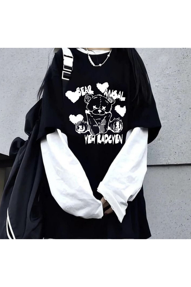 Gothic Bear Angel Unisex Oversize Fake Sleeve White T-Shirt