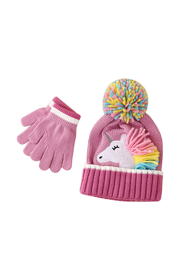 unicorn aplikeli örme bere ve eldiven ikili set - 1