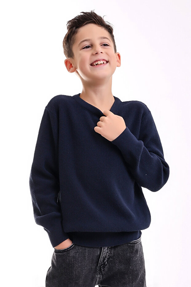 İZMİR BOY'S NAVY BLUE CYCLING COLLAR FLAT KNITWEAR SWEATER