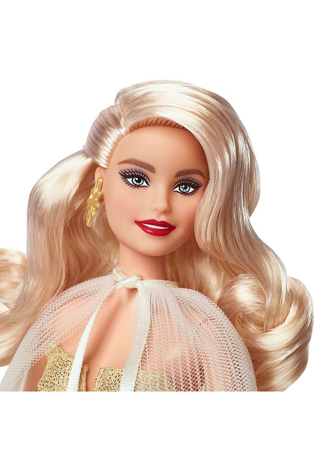 HJX04 Barbie® 2023 Mutlu Yıllar Bebeği Sarı Elbiseli Sarışın Küpeli Yılbaşı Bebeği - 1