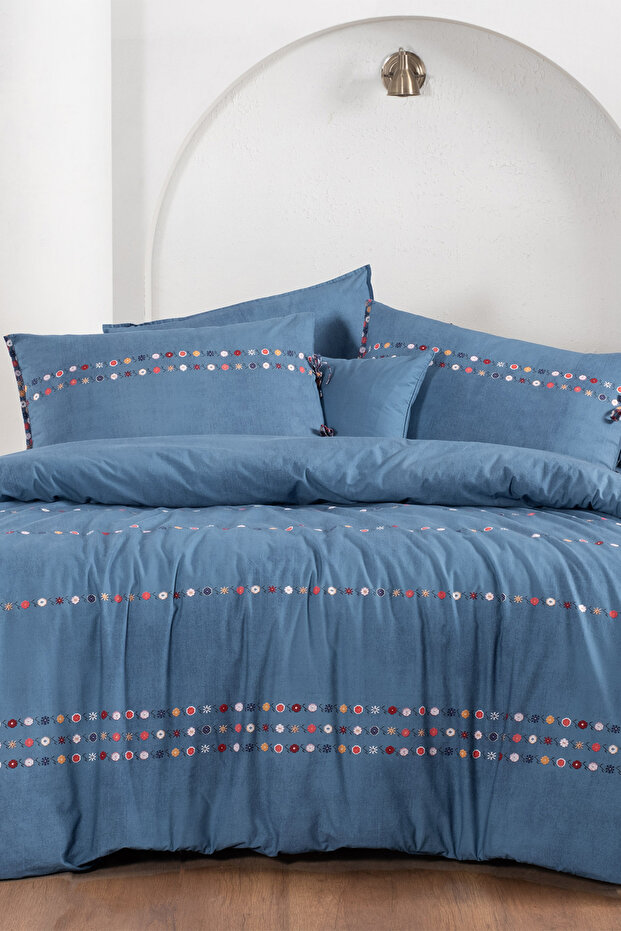 Tanya Blue Double 100% Cotton Poplin Washable Double Sided Duvet Cover Set