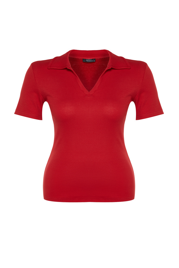 Kırmızı Polo Yaka Vücuda Oturan Fitilli Örme Bluz TBBSS22BZ0750 - 6