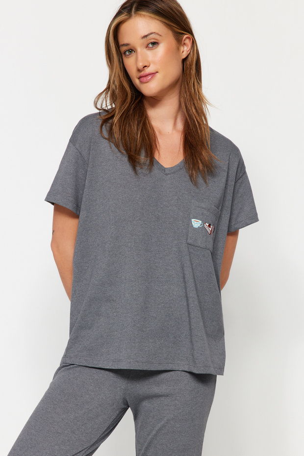 Szary bawełniany zestaw piżamowy z nadrukiem - T-shirt i spodnie Thmss23Pt00151 - 3