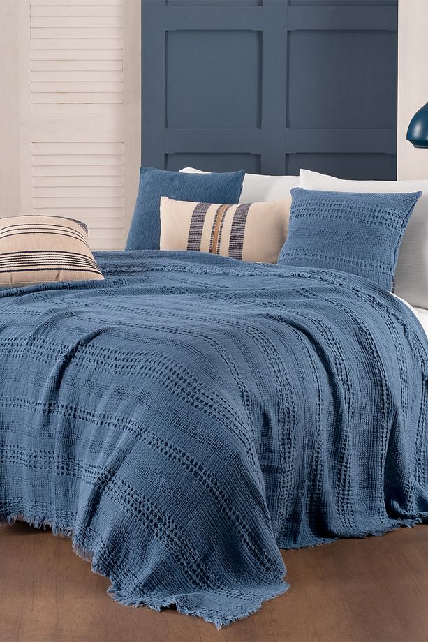 Boho Mavi Çift Kişilik %100 Pamuk Mood Comfort Yatak Örtüsü Seti - 3