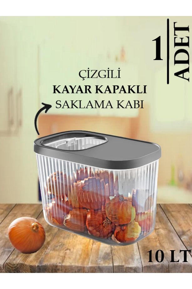 1 Adet Gri 10 Litre Erzak Bakliyat Saklama Kabı-Kayar Kapaklı Deterjan Tablet Saklama Kutusu - 1