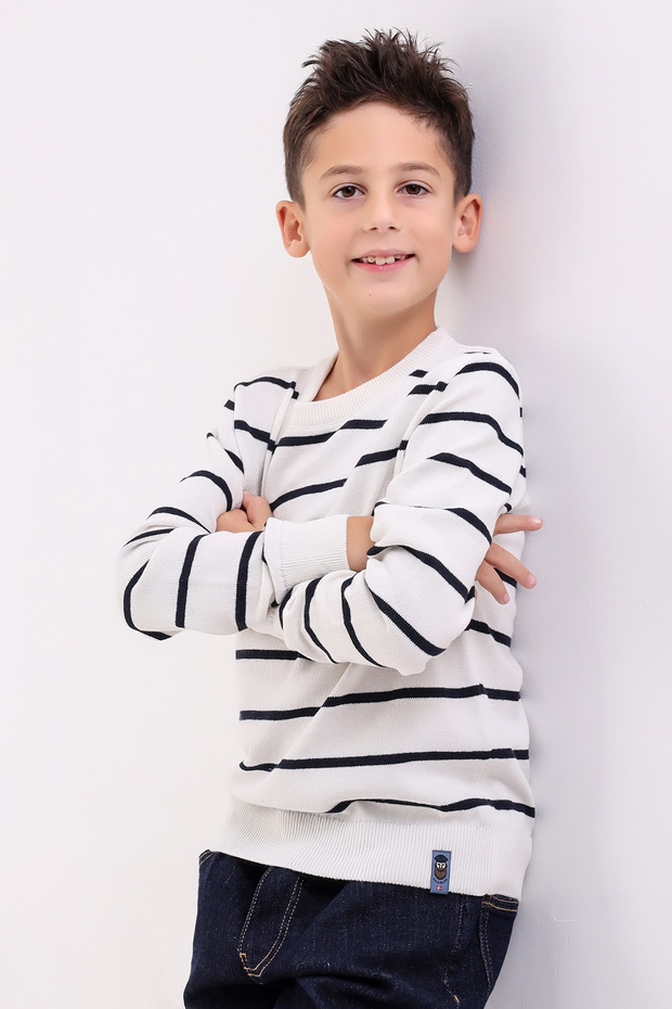 VENICE BOY'S ECRU CYCLING COLLAR STRIPED KNITWEAR SWEATER