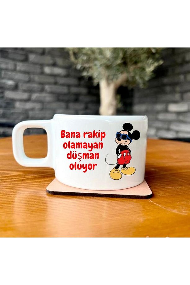 Bana Rakip Olamayan Düşman Oluyor Yazılı Mickey Mouse Baskılı Kupa Bardak - 2