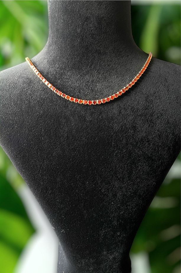 Kırmızı Zirkon Taşlı Yuvarlak Model Su Yolu Gold Kolye - 4