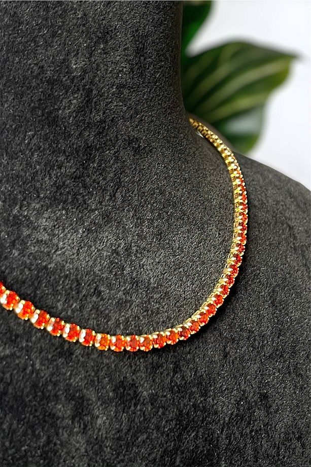 Kırmızı Zirkon Taşlı Yuvarlak Model Su Yolu Gold Kolye - 5