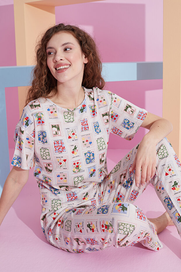 Sequin Patterned Lycra Knitted Pajama Set
