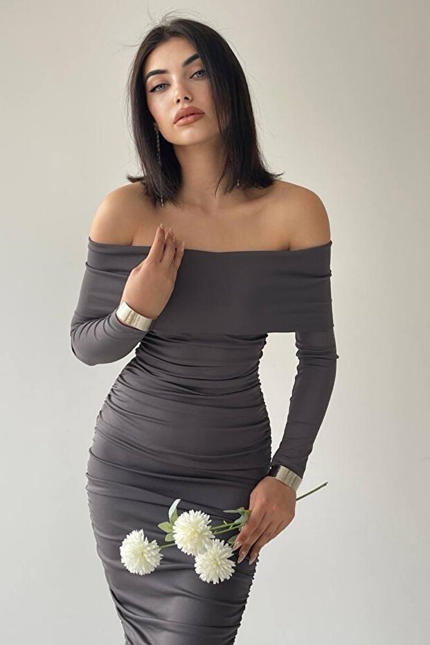 Flexibilní Sandy Fabric Midi délka Tužkový střih Bez ramínek Límec s dlouhým rukávem Antracitové večerní šaty 189 - 3