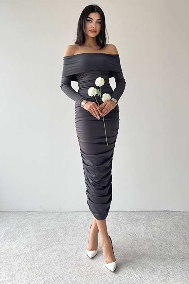 Flexibilní Sandy Fabric Midi délka Tužkový střih Bez ramínek Límec s dlouhým rukávem Antracitové večerní šaty 189 - 7