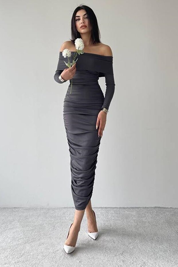 Flexibilní Sandy Fabric Midi délka Tužkový střih Bez ramínek Límec s dlouhým rukávem Antracitové večerní šaty 189 - 6