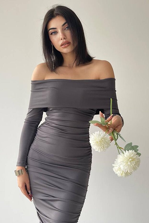 Flexibilní Sandy Fabric Midi délka Tužkový střih Bez ramínek Límec s dlouhým rukávem Antracitové večerní šaty 189 - 1