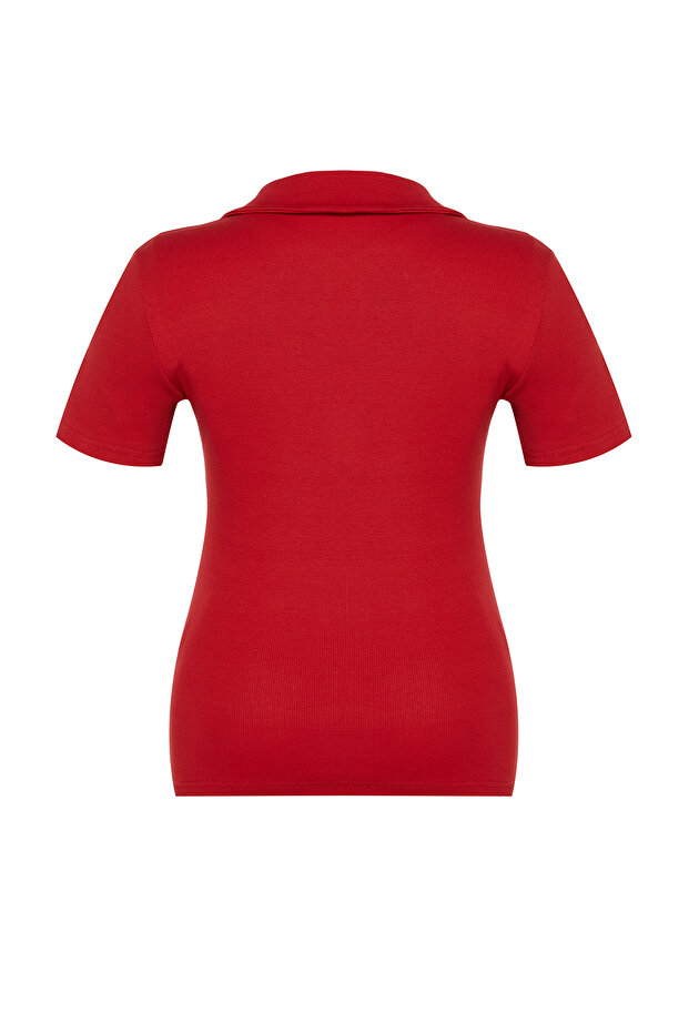 Kırmızı Polo Yaka Vücuda Oturan Fitilli Örme Bluz TBBSS22BZ0750 - 7