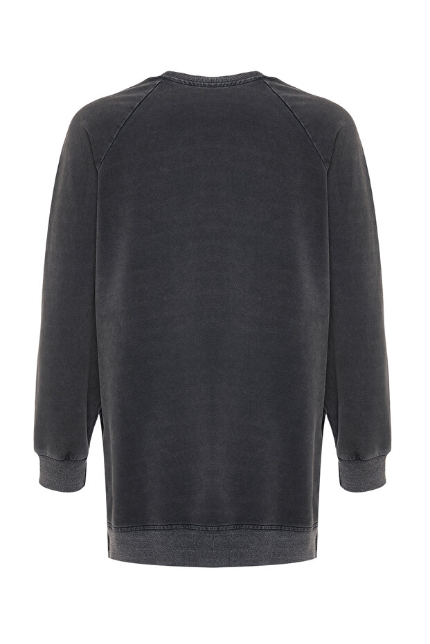 Antrasit Yıkamalı Yanı Yırtmaç Detaylı Oversize Örme Sweatshirt TCTSS23TW00062 - 8