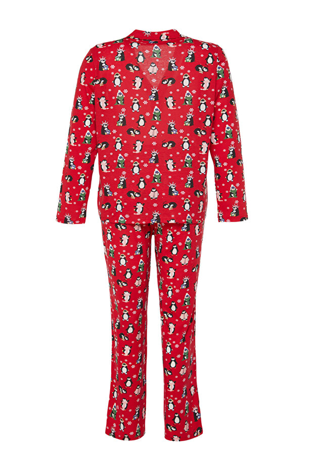 Noworoczny zestaw piżam z dzianiny w kolorze czerwonym - kołnierzyk koszuli TBBAW24AI00002 - 9