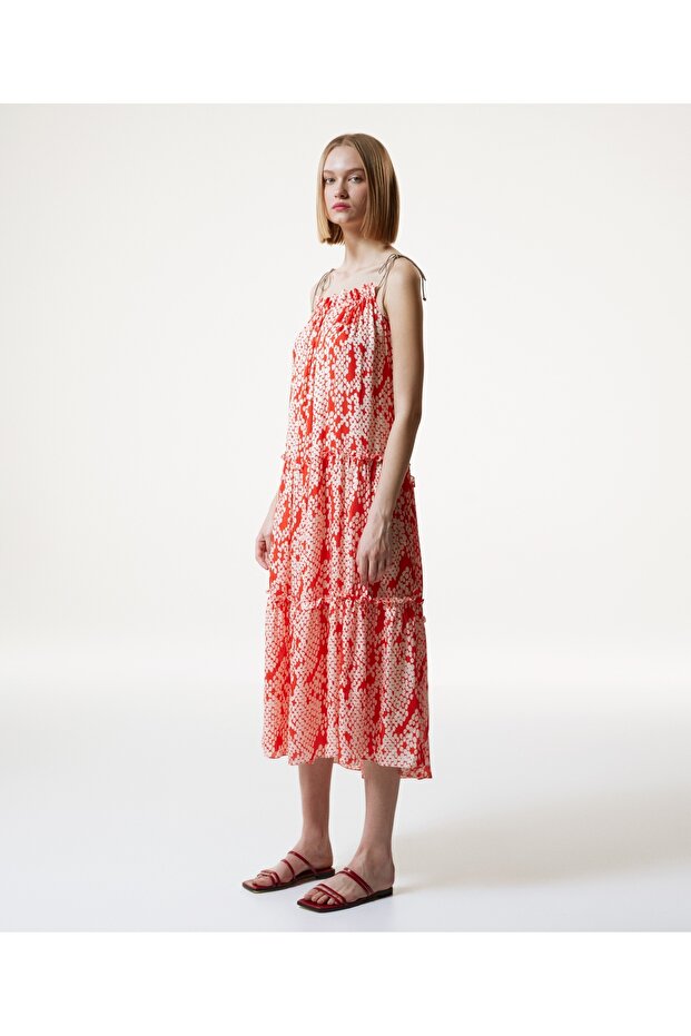 Desenli Askılı Elbise - 2