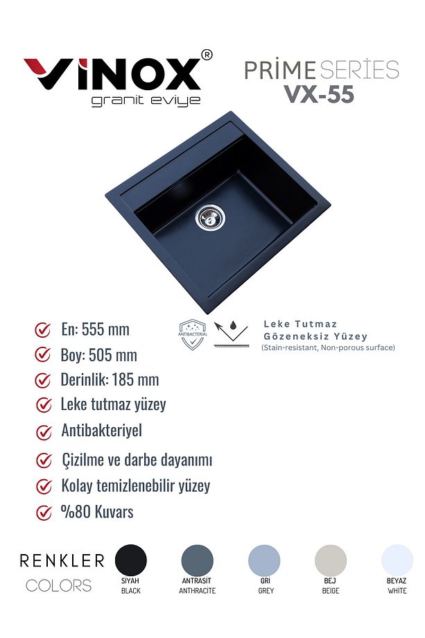 I I Granit Eviye Beyaz Tek Göz Kare Mutfak Evyesi 55x50cm (VX-55) - 5