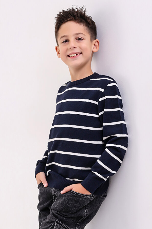 VENICE BOY'S NAVY BLUE BICYCLE COLLAR STRIPED KNITWEAR SWEATER