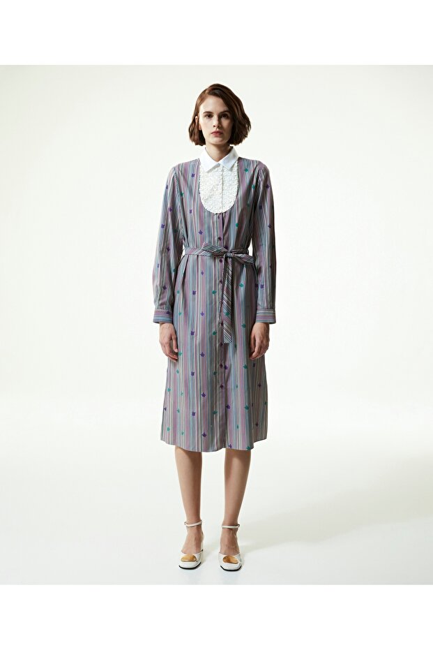 Floral Embroidered Stripe Pattern Midi Dress