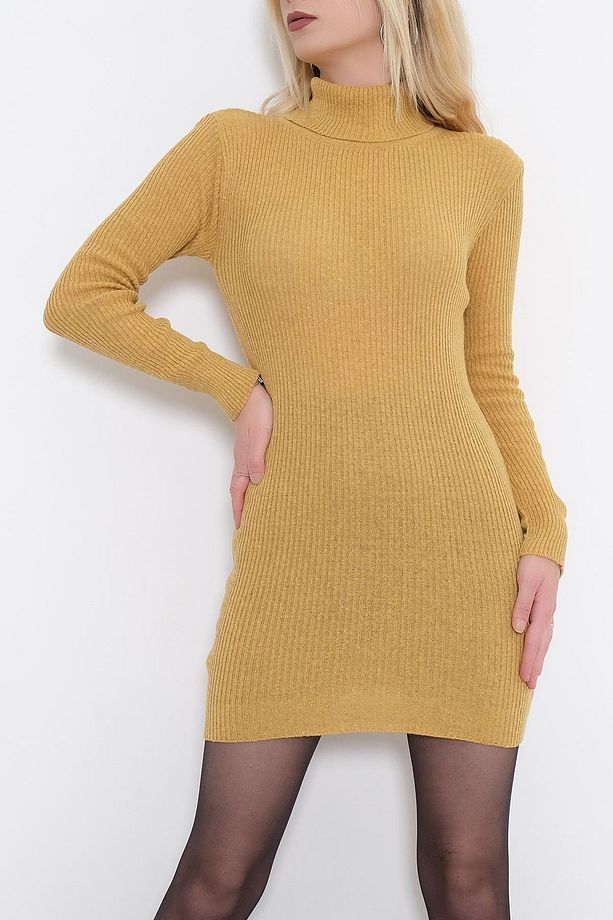 Kadın Yarım Yaka Sarı Uzun Kol Triko Elbise Standart SML Uyumlu Boy 80 Cm - 4