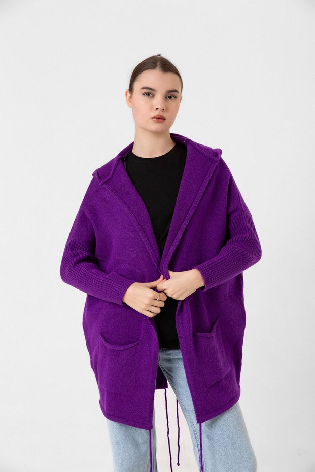 Women's Pocketed Hooded Casual Oversize Knitwear Cardigan