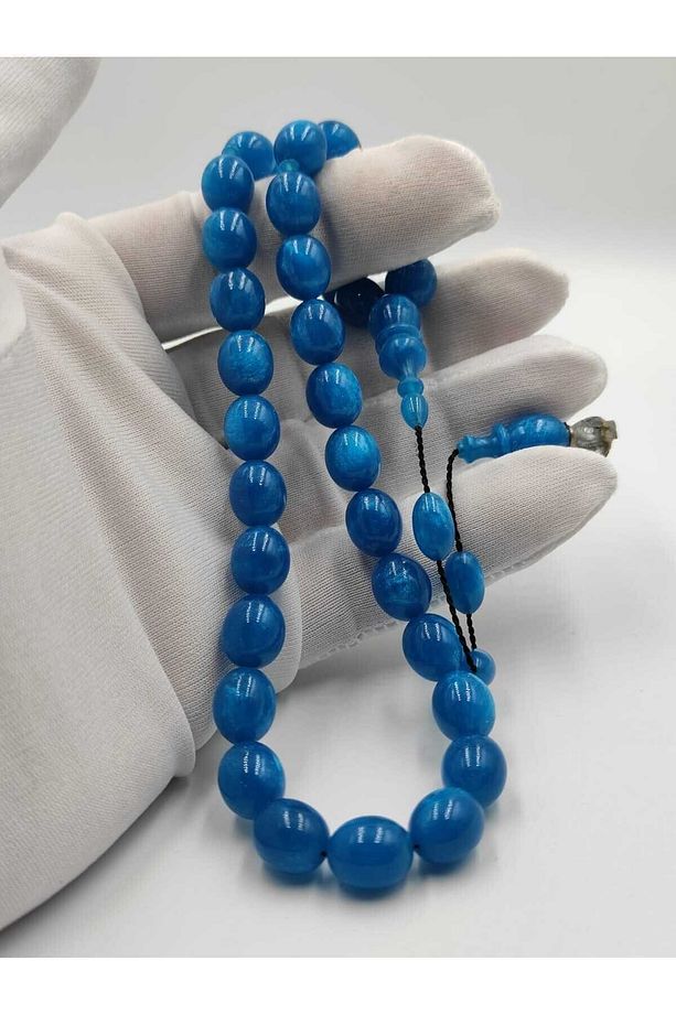 SEDEFLİ YALDIZLI PARLAK MAVİ SENTETİK OPAL TAKIMLI SİSTEMLİ PÜSKÜLLÜ TESBİH - 3