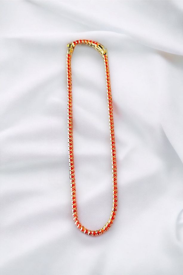 Kırmızı Zirkon Taşlı Yuvarlak Model Su Yolu Gold Kolye - 7