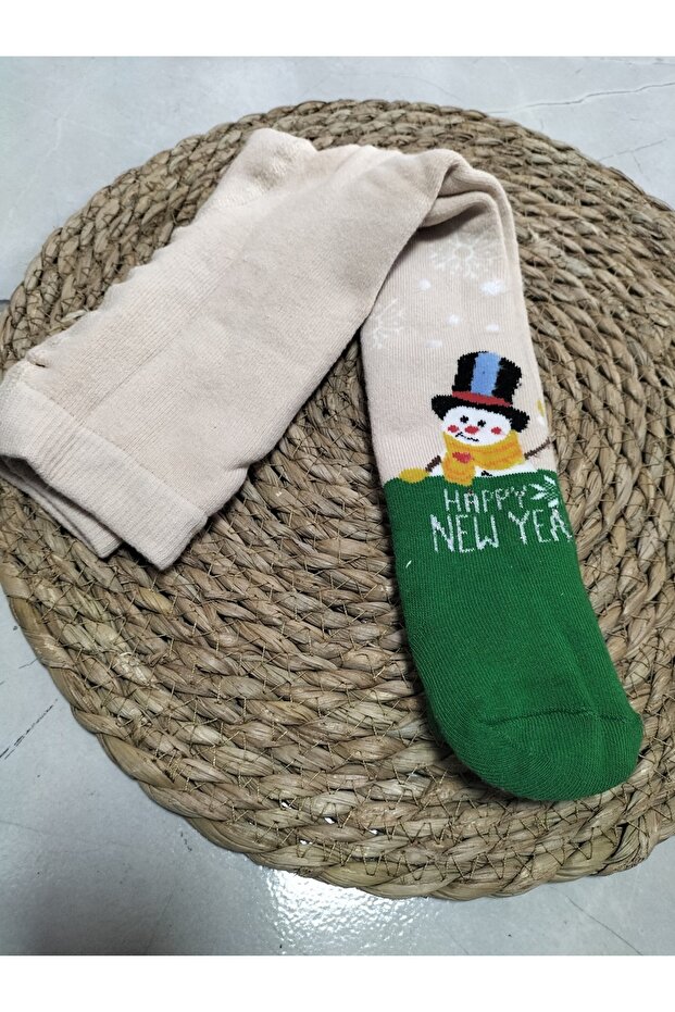 TOWEL WINTER PANTY SOCKS-WASHED-HAPPY NEW YEAR WRITTEN WITH SNOWMAN