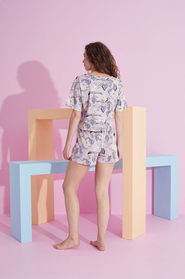 yaprak desenli likralı Örme T-shirt-Şort Pijama Takım - 3