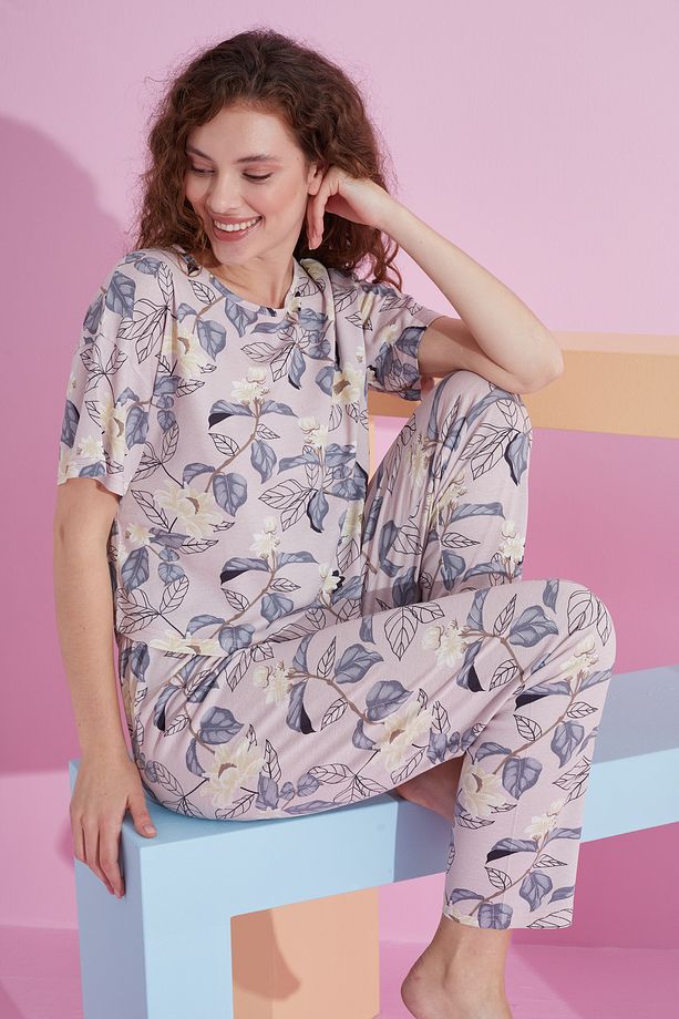 yaprak desenli likralı Örme Pijama Takım - 1