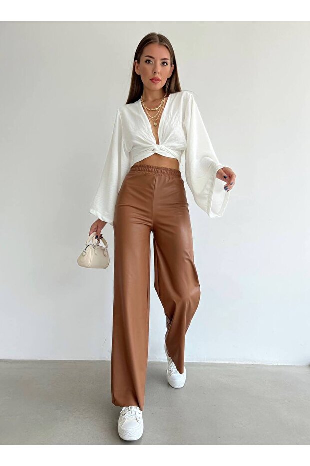 Tan Leather Trousers Brown with Elastic Waist