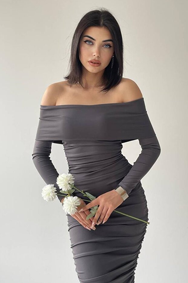 Flexibilní Sandy Fabric Midi délka Tužkový střih Bez ramínek Límec s dlouhým rukávem Antracitové večerní šaty 189 - 4