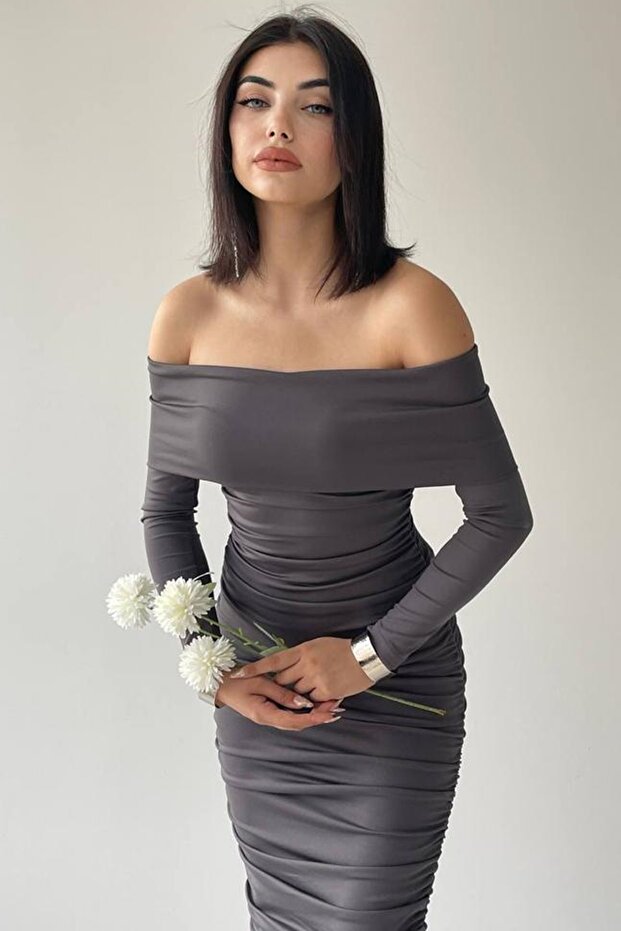 Flexibilní Sandy Fabric Midi délka Tužkový střih Bez ramínek Límec s dlouhým rukávem Antracitové večerní šaty 189 - 5