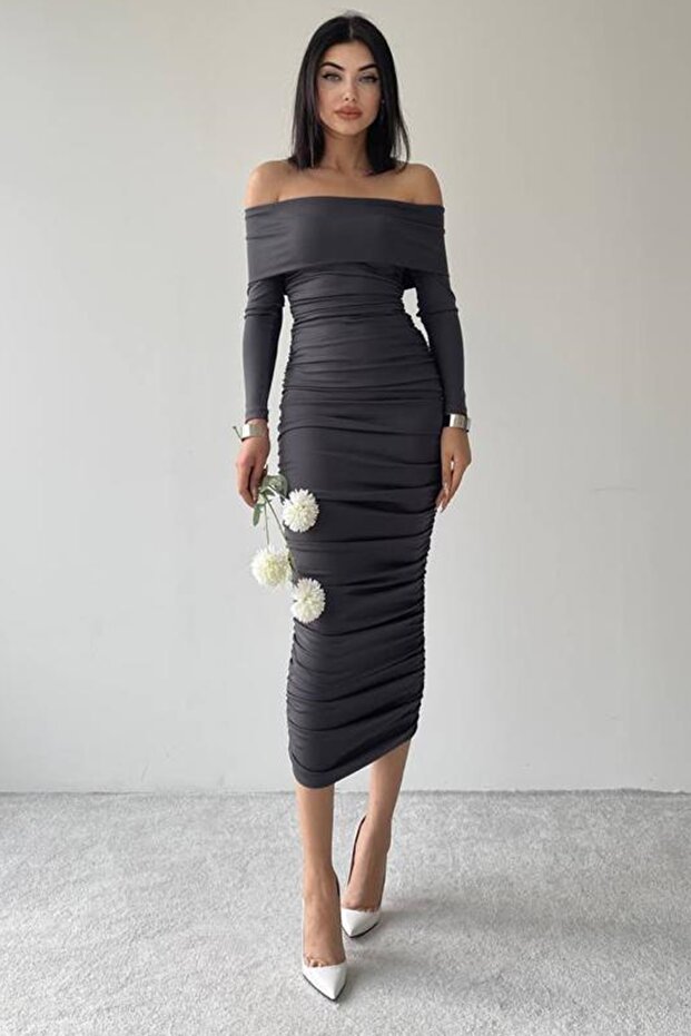 Flexibilní Sandy Fabric Midi délka Tužkový střih Bez ramínek Límec s dlouhým rukávem Antracitové večerní šaty 189 - 2