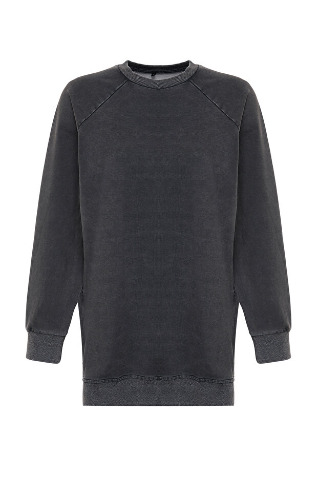 Antrasit Yıkamalı Yanı Yırtmaç Detaylı Oversize Örme Sweatshirt TCTSS23TW00062 - 7