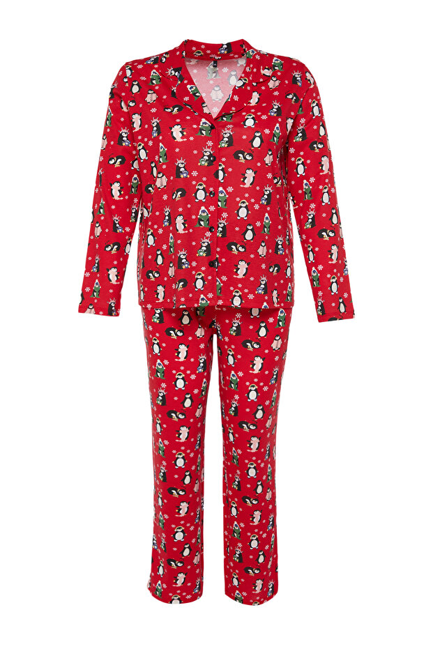 Noworoczny zestaw piżam z dzianiny w kolorze czerwonym - kołnierzyk koszuli TBBAW24AI00002 - 8