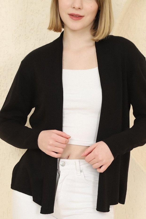 Women's Black Ribbed Fine Knitwear Cardigan