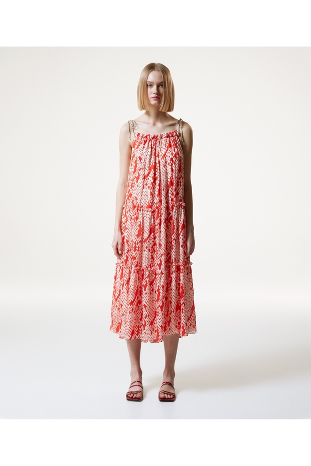 Desenli Askılı Elbise - 1