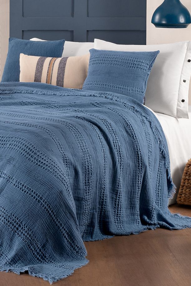 Boho Mavi Çift Kişilik %100 Pamuk Mood Comfort Yatak Örtüsü Seti - 4
